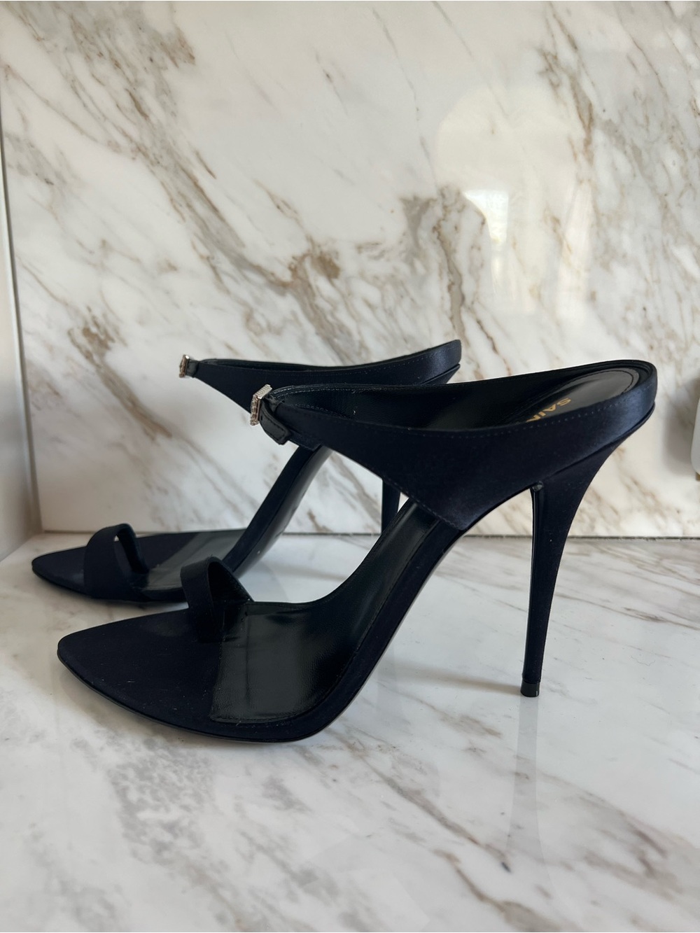 Saint Laurent Raso Régale Navy Satin Crystal Heel Stiletto 39 - Picture 2 of 6